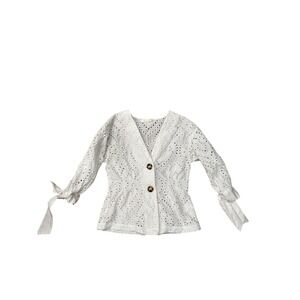 White Eyelet Lace Button Front V‎ Neck Tie Sleeve Peasant Blouse Top Women
